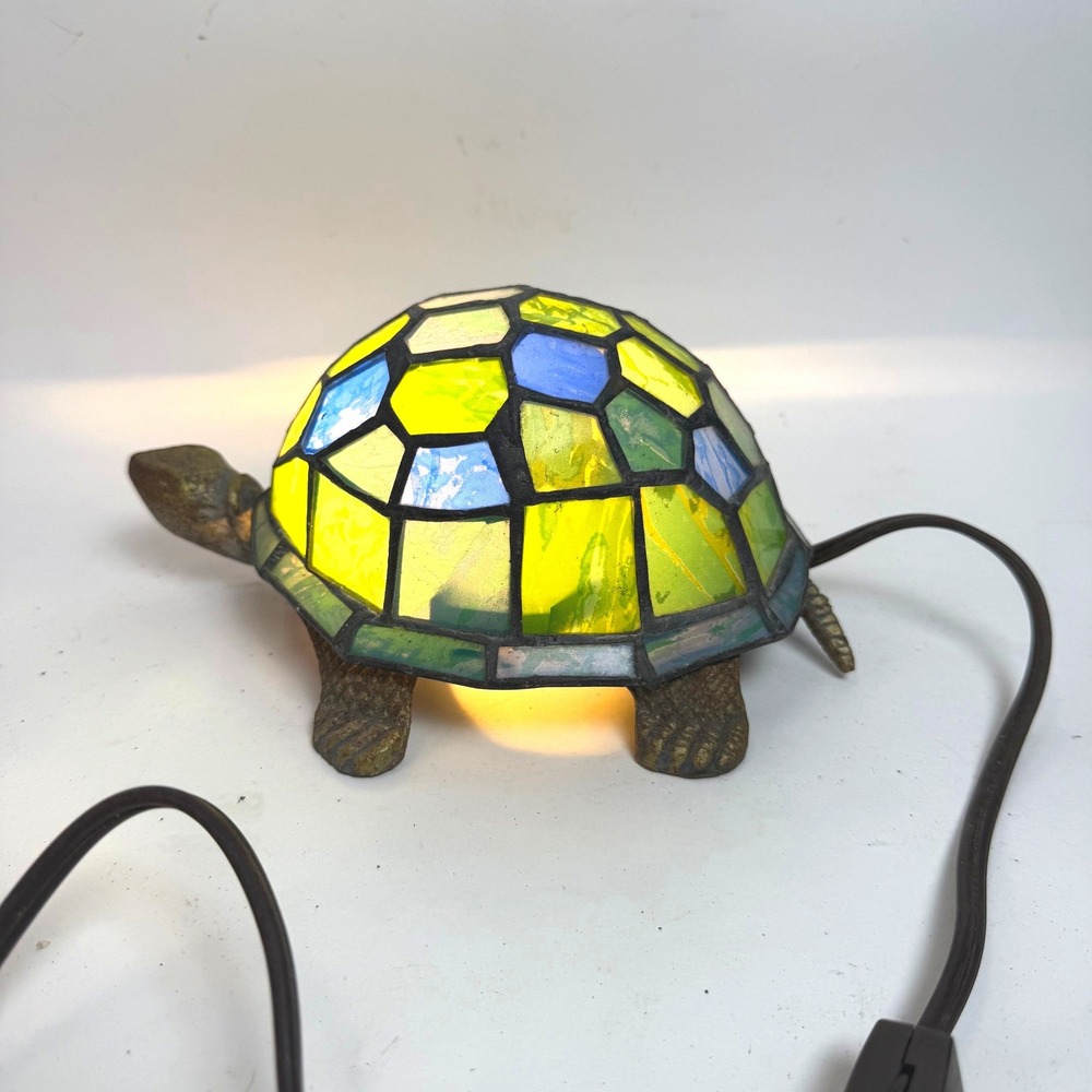 VTG Mosaic Tiffany Style Tortoise Turtle Lamp Night Light Bronze Base Green Blue